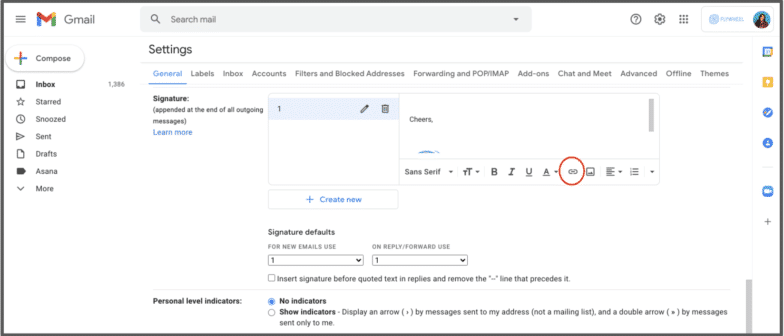 Un cerc roșu în jurul opțiunii Link din setarea Semnătura Gmail