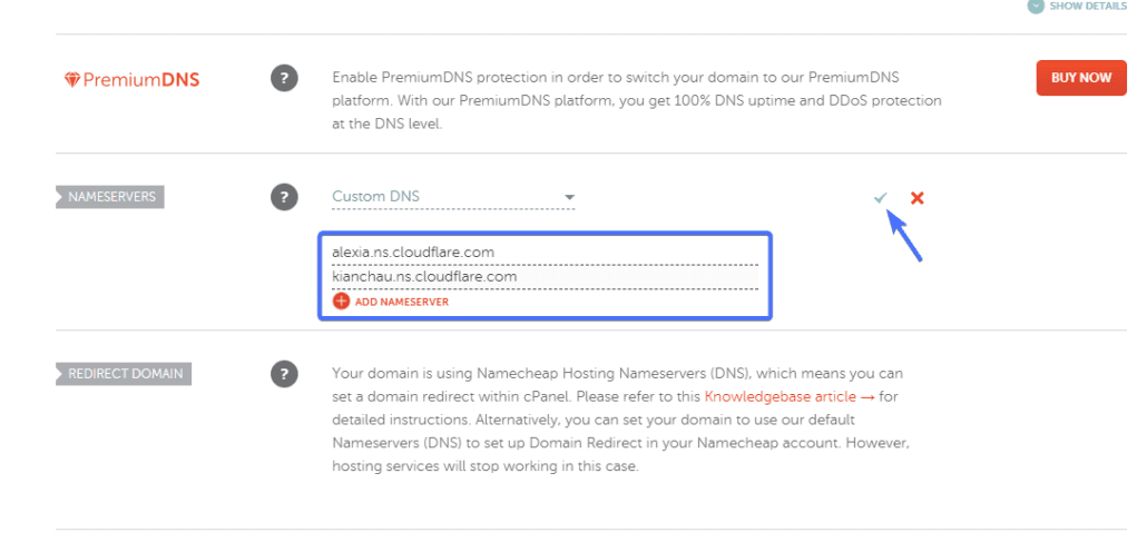 Cloudflare tarafından iki ad sunucusu girin