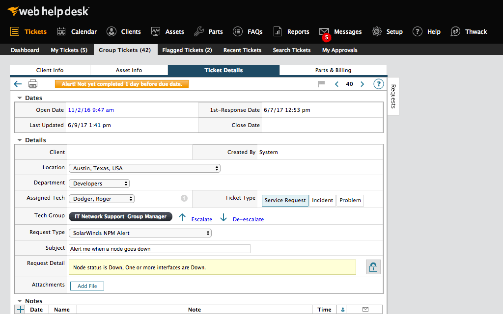 Ticketdetails im Web Help Desk Service Desk