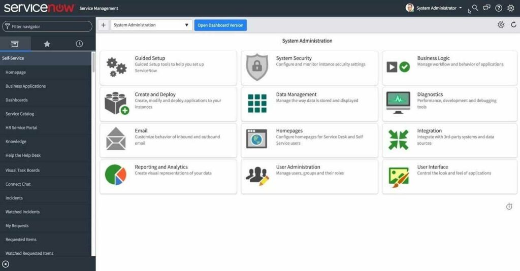 Dashboard der ServiceNow IT-Ticketing-Software.