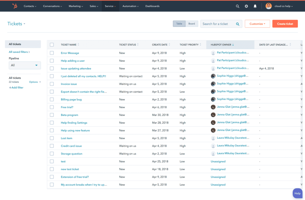 Tickets-Schnittstelle im HubSpot-Helpdesk-System.