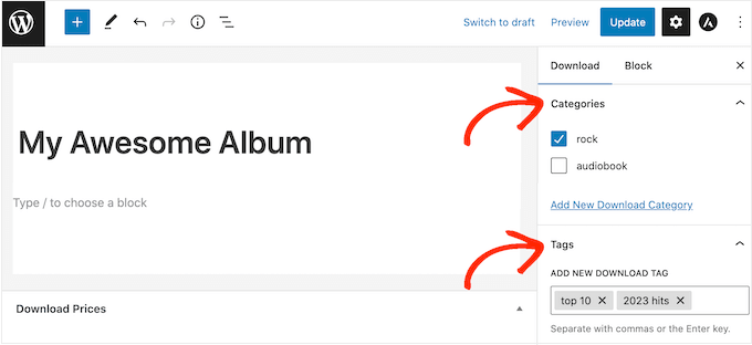 Adicionando tags e categorias de produtos ao seu site de música Adding product tags and categories to your music website