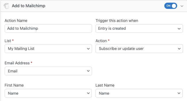 Mailchimp フォームのアクション設定