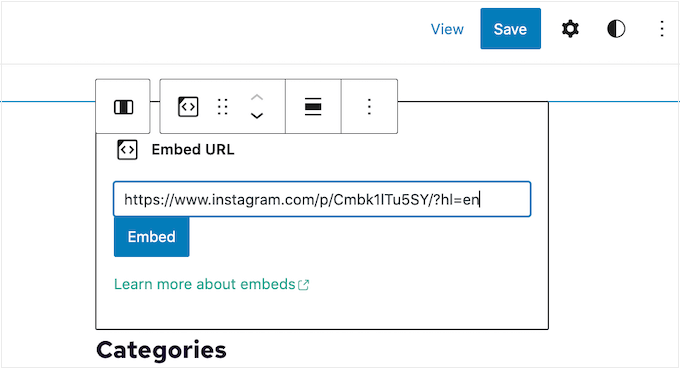 埋め込みブロックを使用して Instagram フィードを追加する Adding an Instagram feed using an Embed block