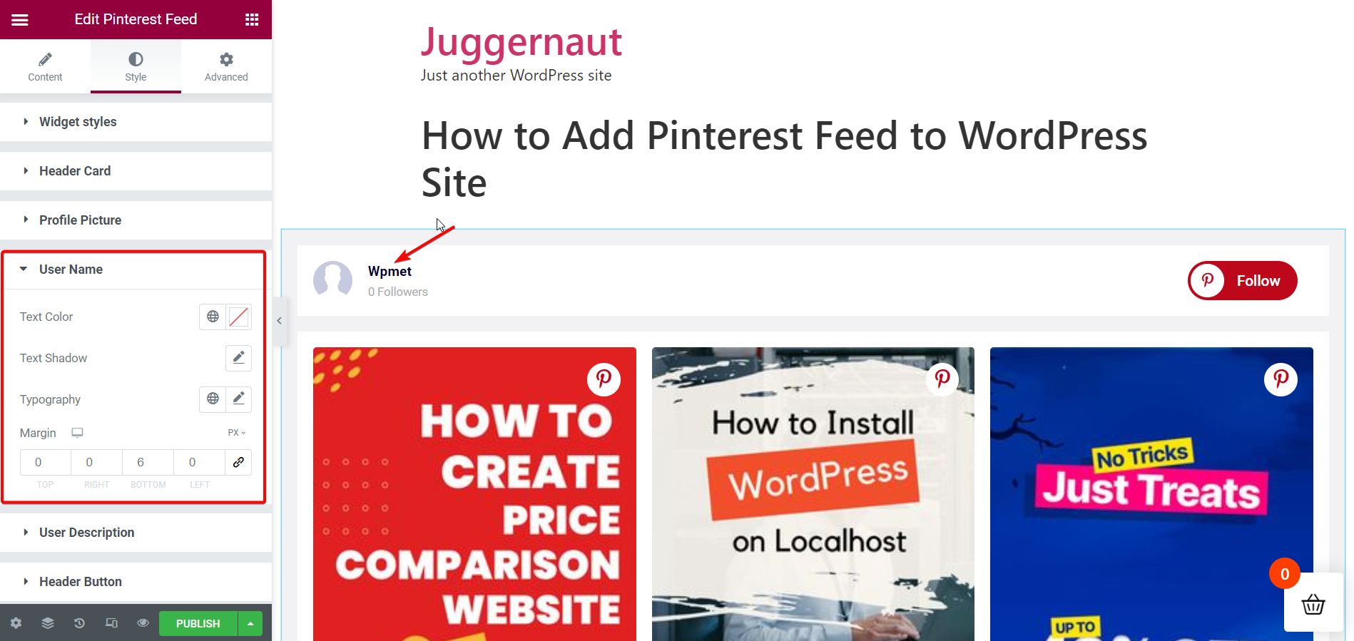 Nome de usuário do Pinterest - Adicionar feed do Pinterest