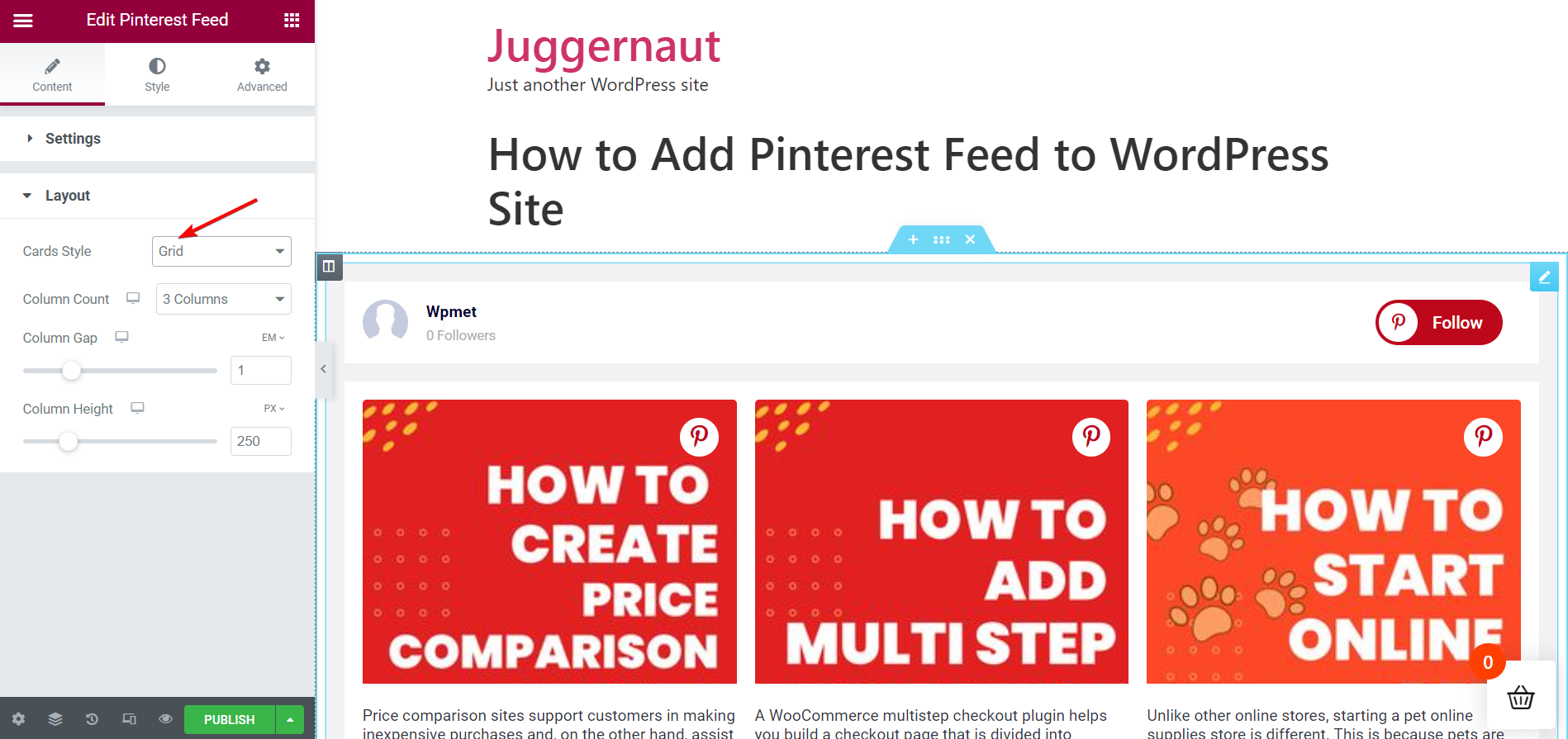Estilo de grade do Pinterest - Adicionar feed do Pinterest