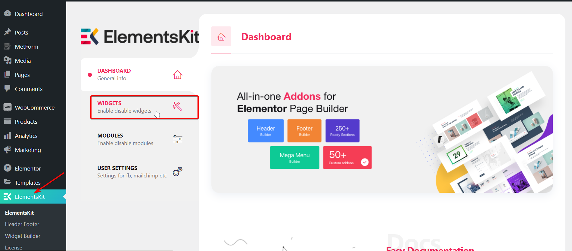Navegue até ElementsKit e selecione Widgets- Adicionar feed do Pinterest