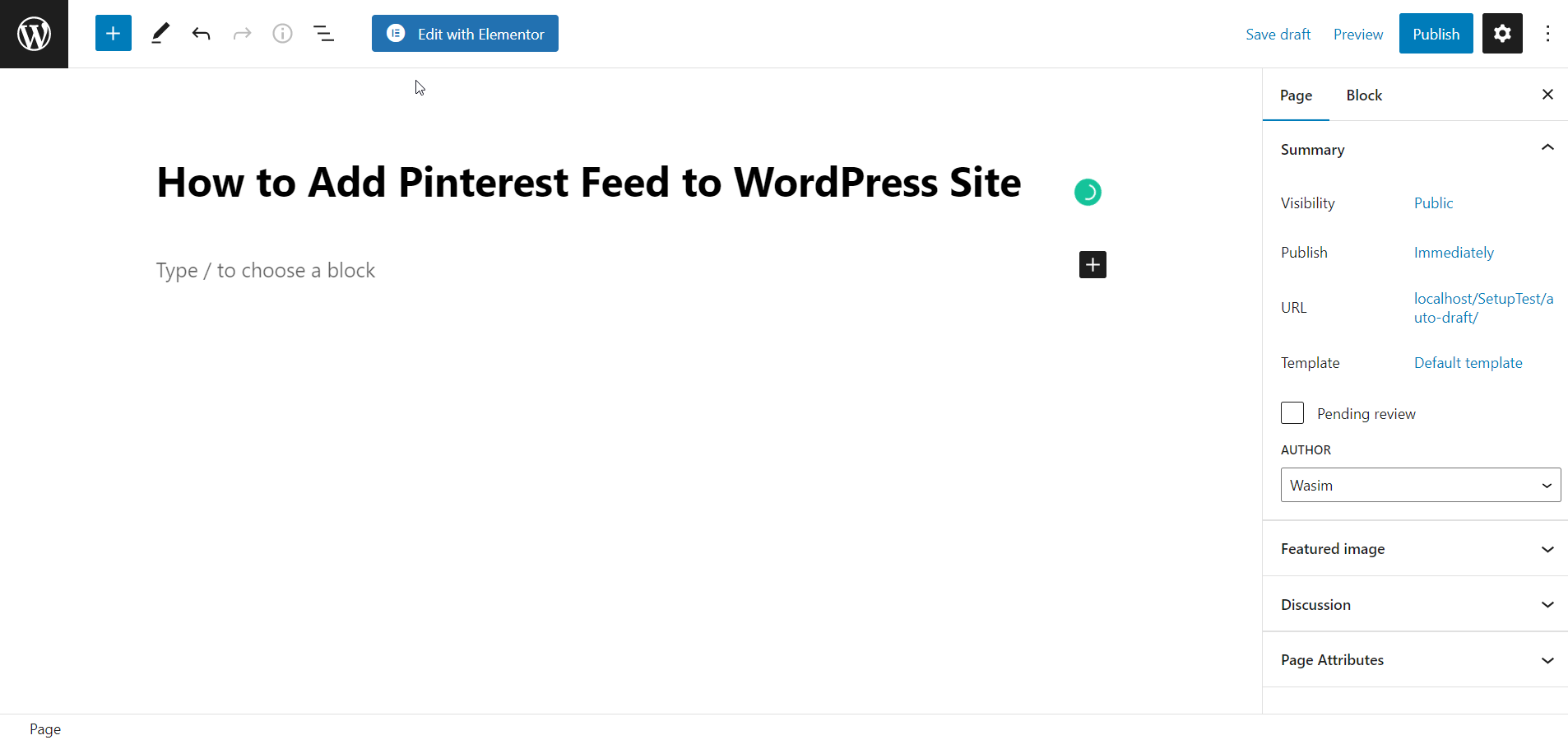 Clique em Editar com o botão Elementor - Adicionar feed do Pinterest