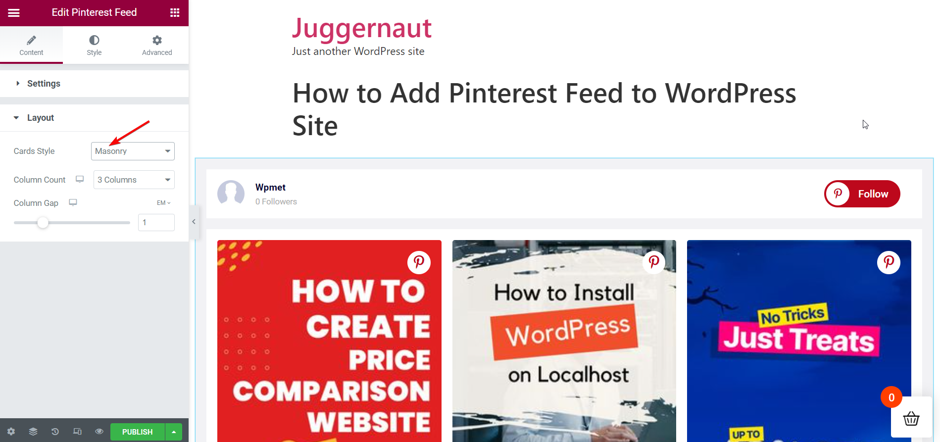 Estilo de alvenaria do Pinterest - Adicionar feed do Pinterest