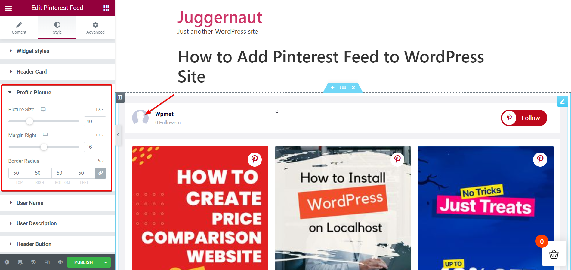 Imagem de perfil do Pinterest - Adicionar feed do Pinterest