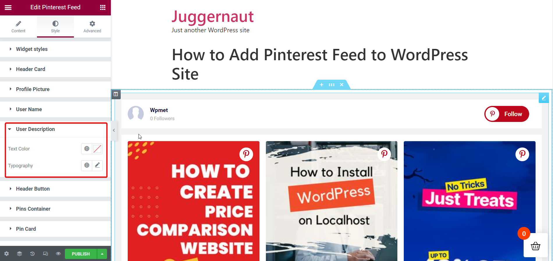 Descrição do usuário do Pinterest - Adicionar feed do Pinterest
