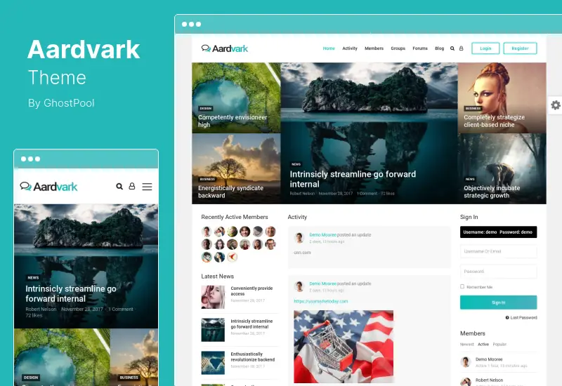 Aardvark 테마 - 커뮤니티, 멤버십, BuddyPress 워드프레스 테마