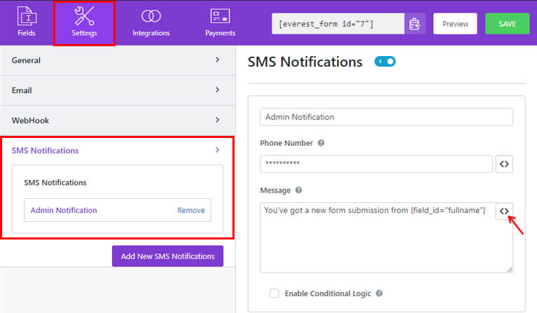 WordPress 문의 양식 SMS 알림 SMS 관리자 알림