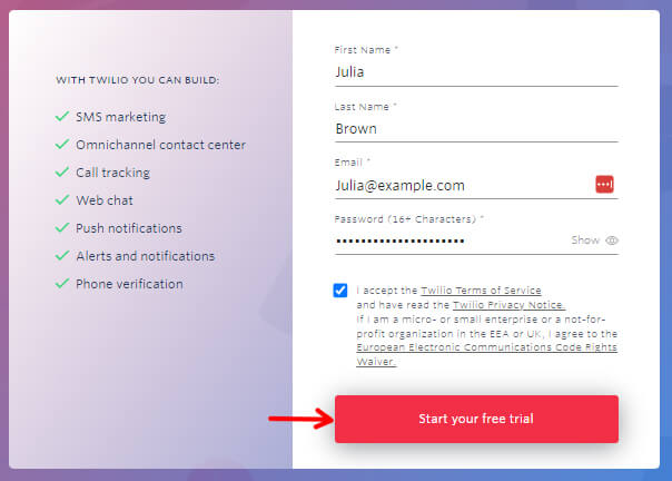 Twilio 무료 평가판 시작