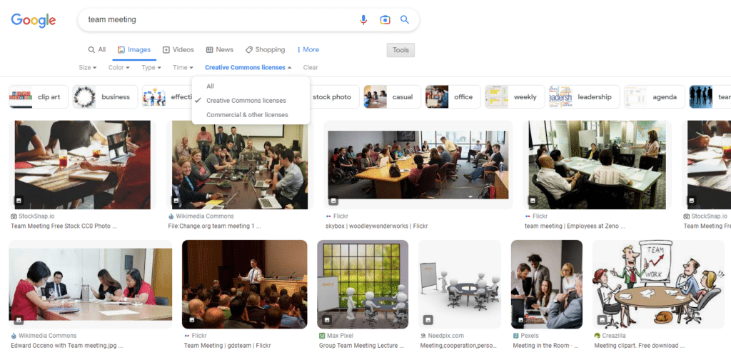 Résultats de la recherche d'images CC – Source : page de recherche Google