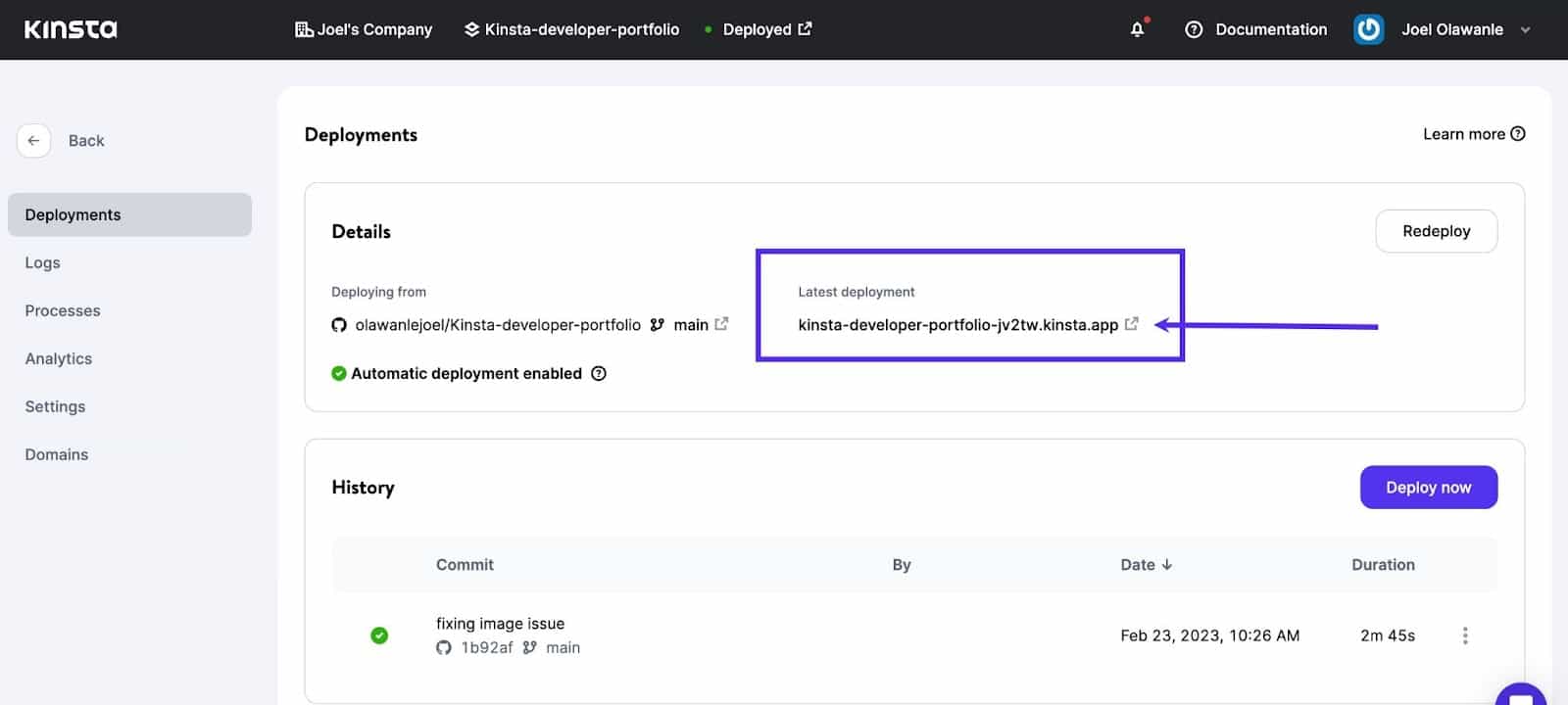 Kinsta 上的部署链接