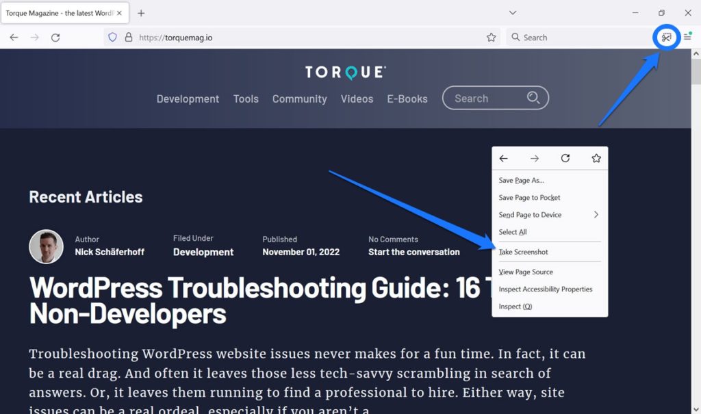 firefox'ta ekran görüntüsü oluşturma