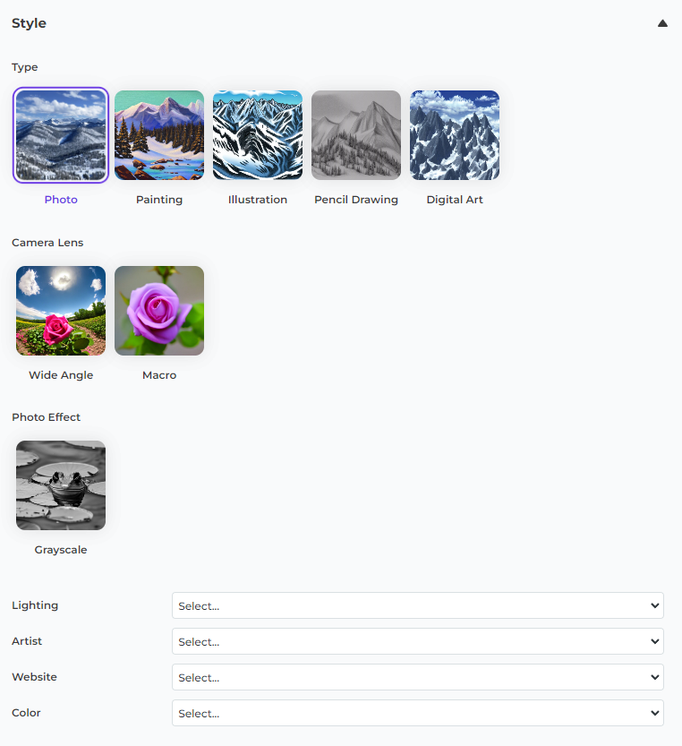 AI Image Lab 样式界面截图，显示各种样式选项和子选项