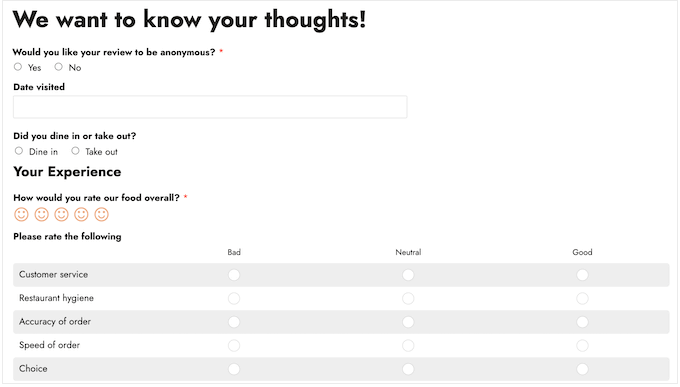 使用 WPForms 创建的餐厅评论表单 A restaurant review form, created using WPForms