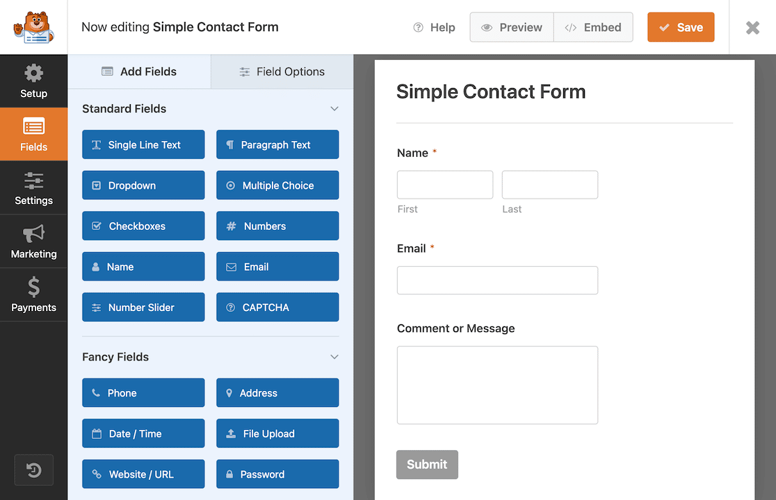 The WPForms form builder interface