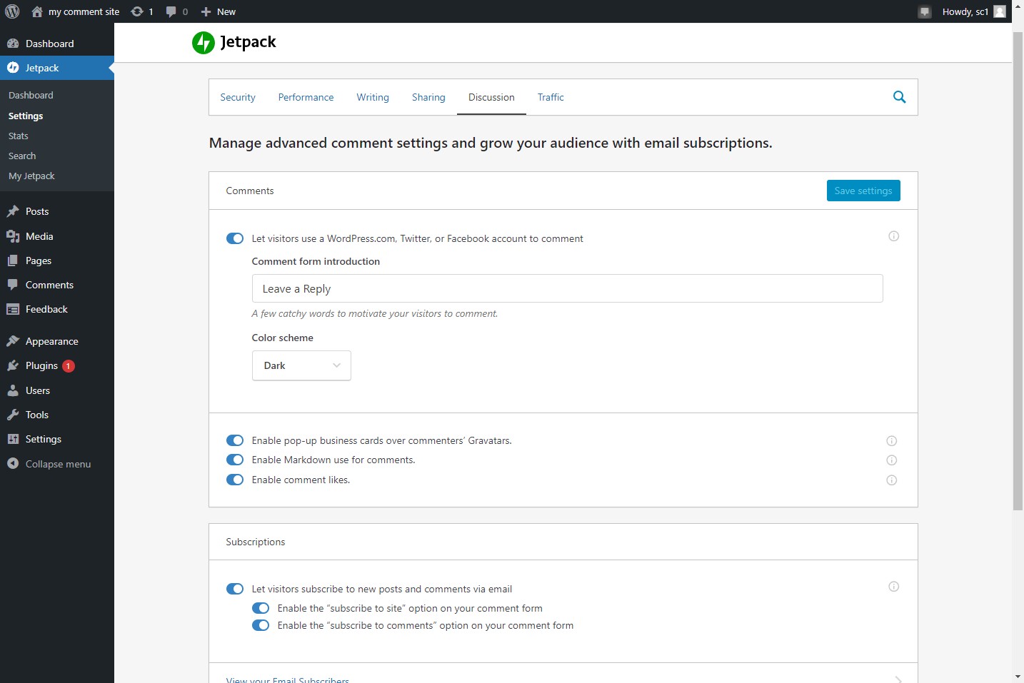 Configurações de comentários do Jetpack WordPress
