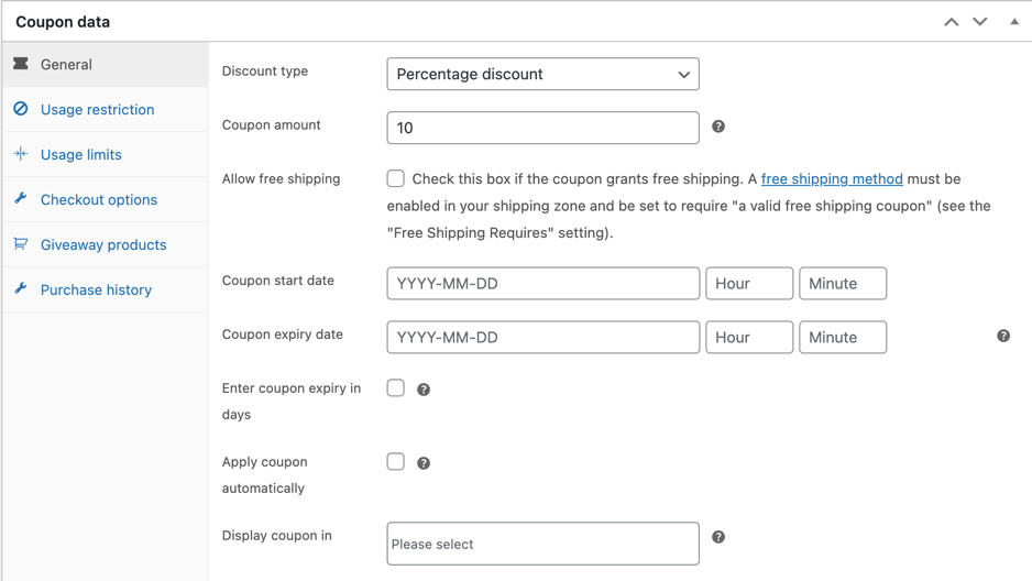 프리미엄 확장 기능이 있는 WooCommerce 쿠폰에 사용 가능한 모든 일반 설정