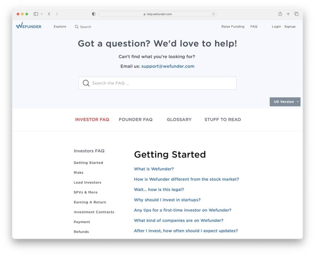 wefunder よくある質問ページの例