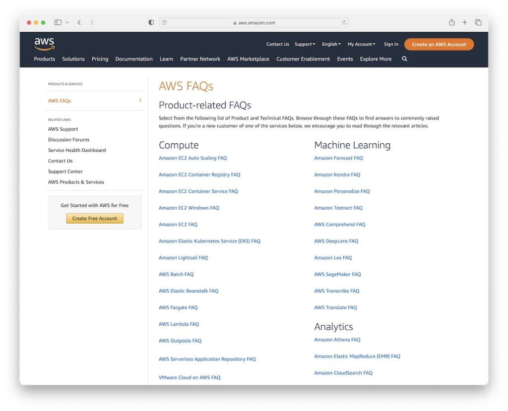 AWS FAQ ページの例