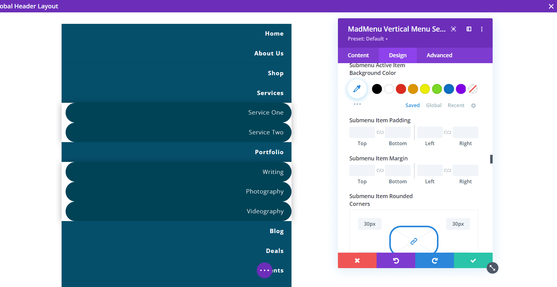 Optionen für das vertikale Menülayout von Divi MadMenu