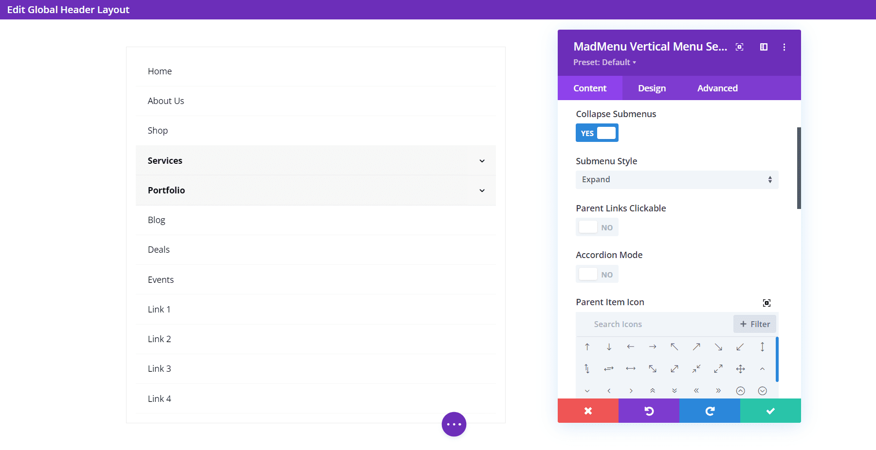 Divi MadMenu-Layoutoptionen
