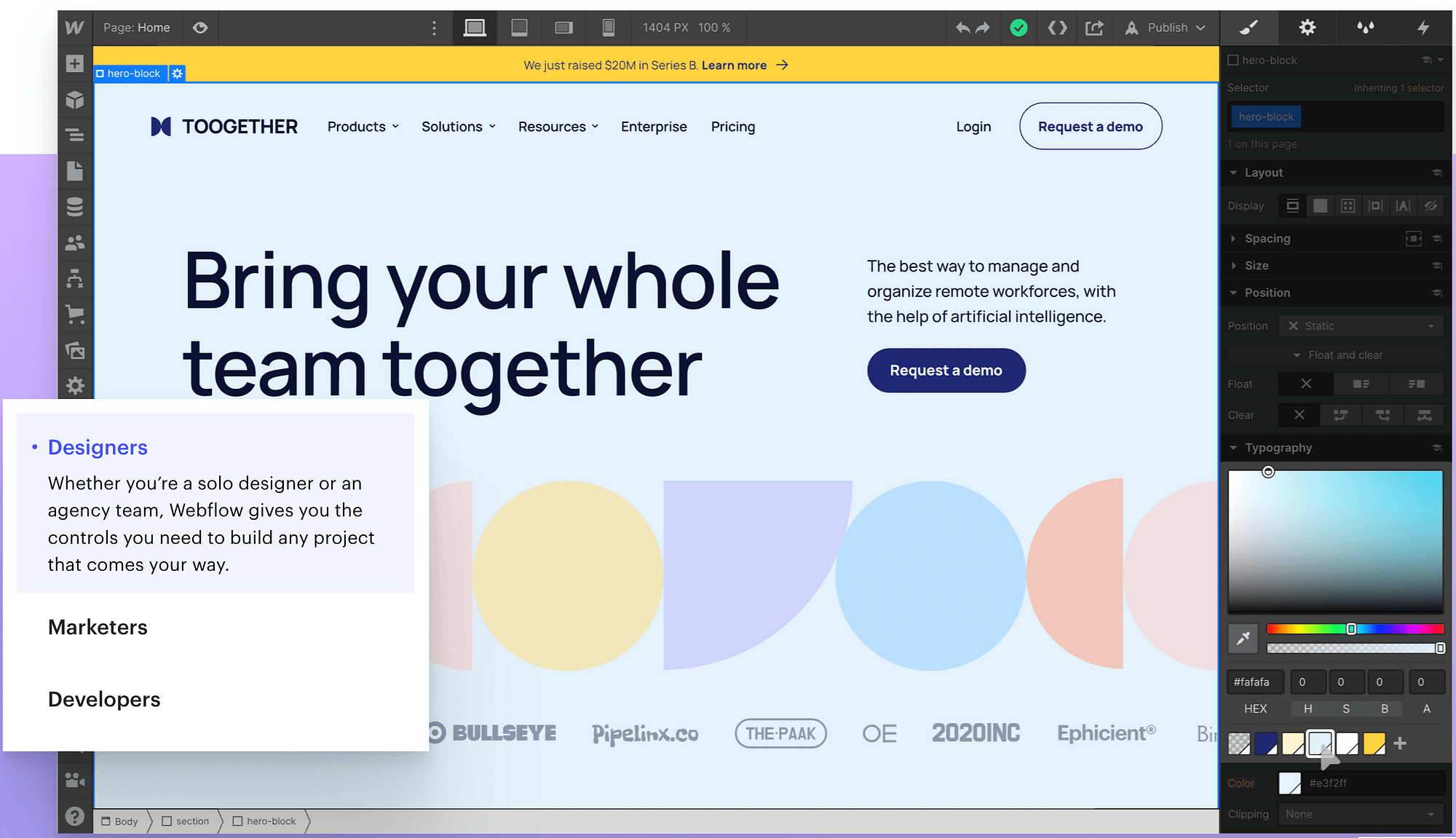 Editor visual do Webflow