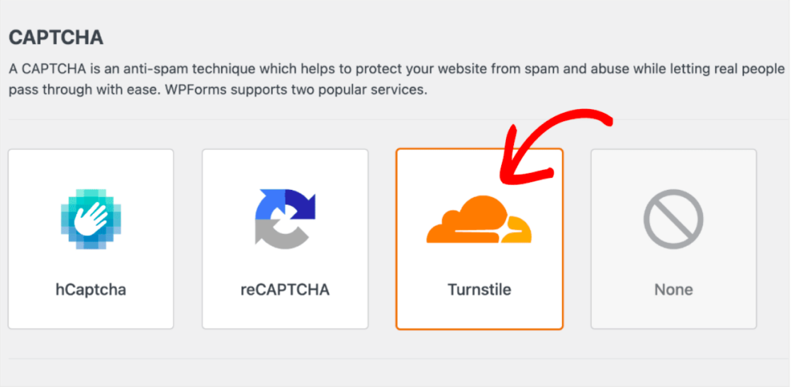 Selecting Turnstile in WPForms CAPTCHA settings