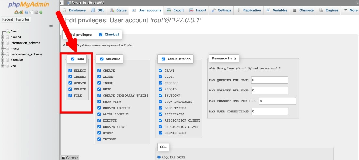 hak istimewa pengguna phpmyadmin