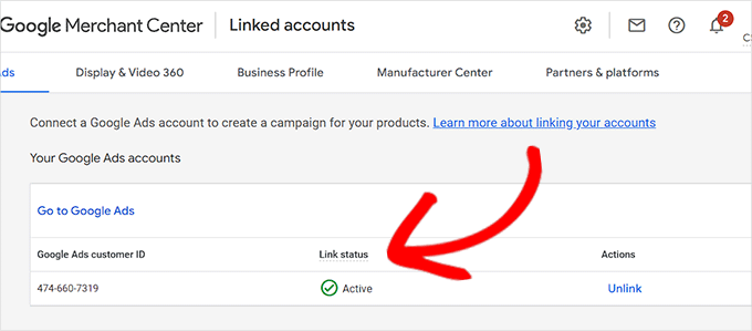 リンクされた Google 広告アカウント GMC account has now been linked to the Google Ads account