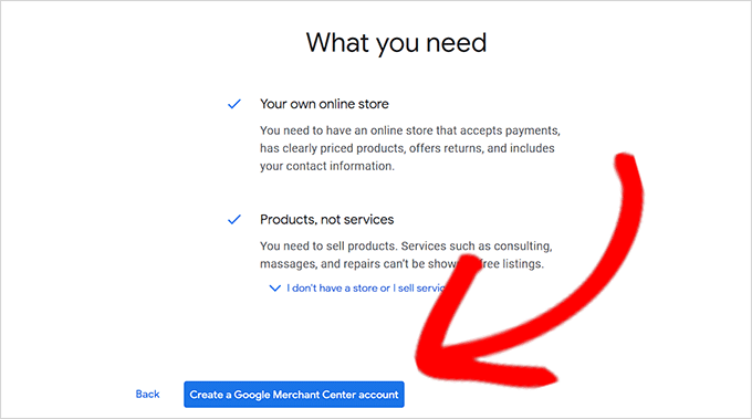 Google 판매자 계정 만들기 버튼을 클릭합니다. Click the Create Google Merchant Account button