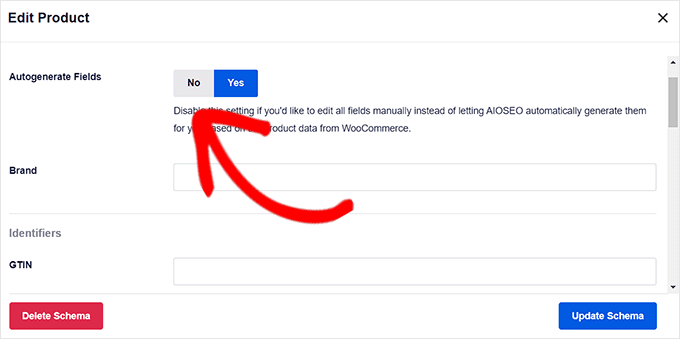 필드 자동 생성을 아니요로 전환합니다. Toggle the Autogenerate fields switch to No