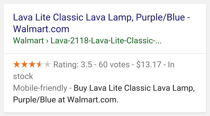 un risultato di ricerca di Google per Lava Lite Classic Lava Lap utilizza dati strutturati per visualizzare una valutazione di 3,5 stelle e un prezzo di $ 13,17
