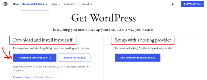 「WordPressをダウンロード」ボタンをクリック Click the 'Download WordPress' Button