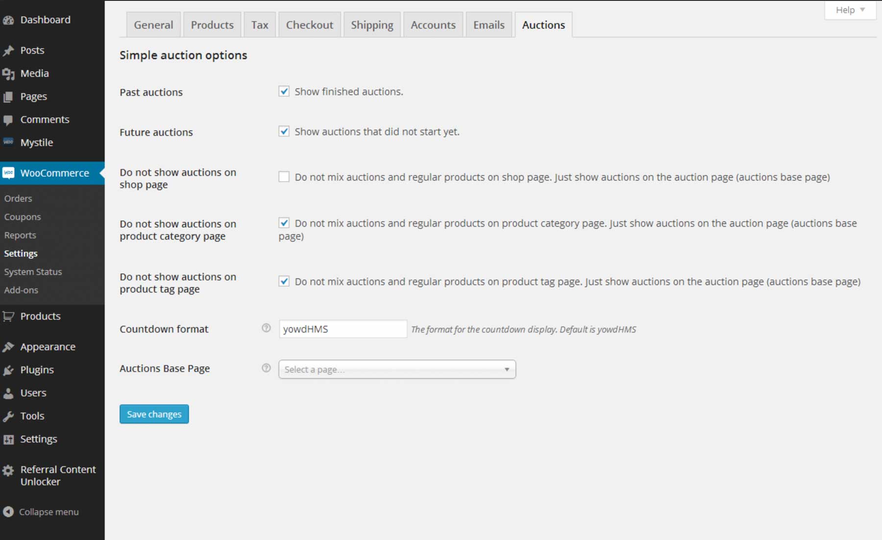 Configuración de la subasta simple de WooCommerce