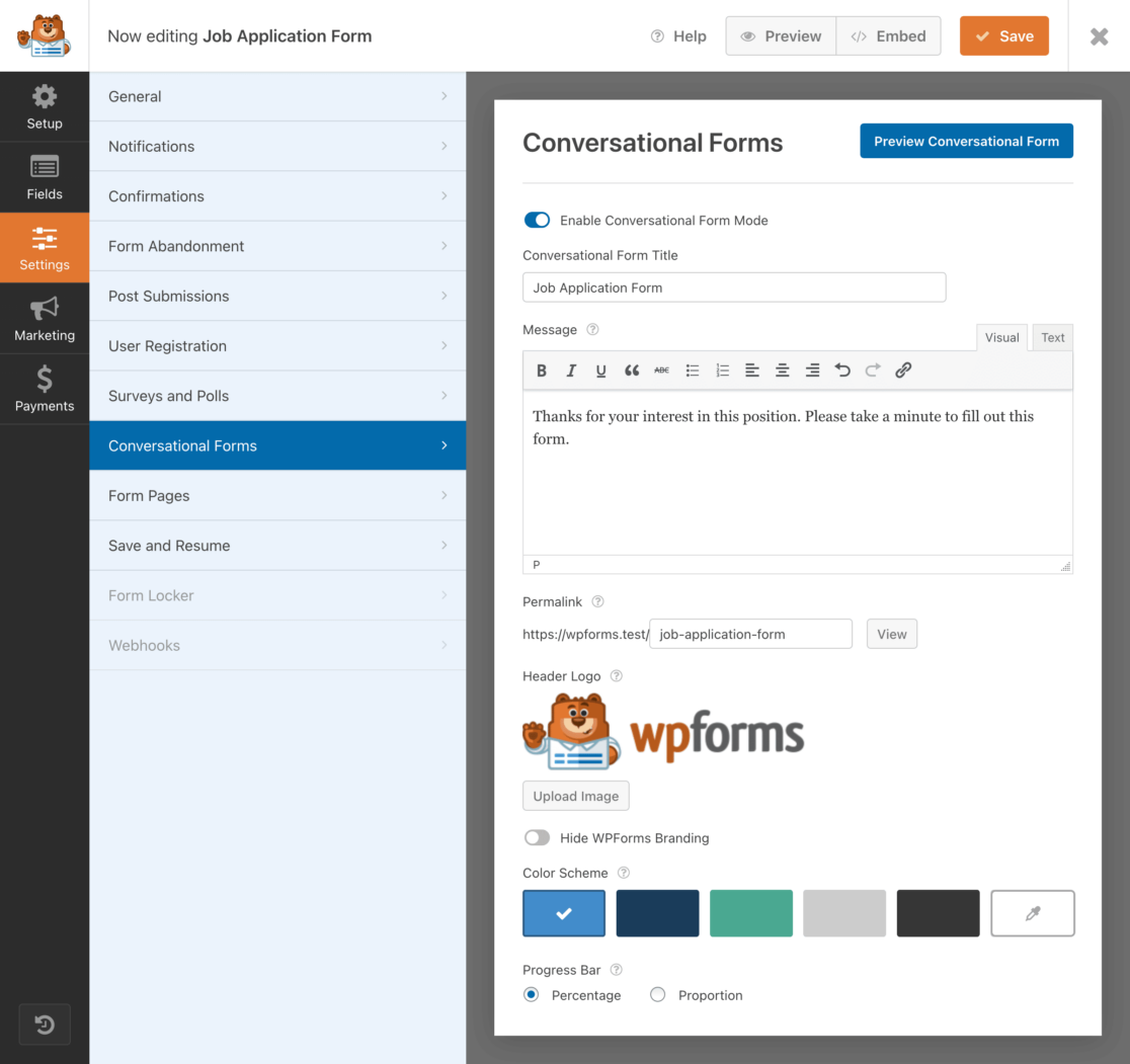 Editing conversational forms in settings