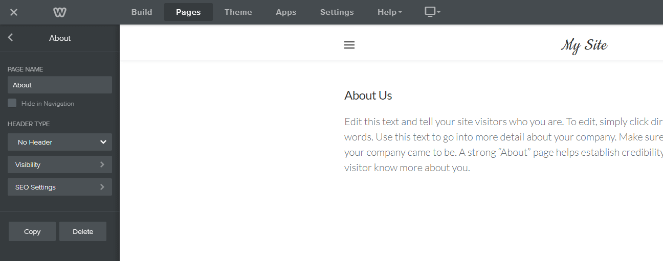 Weebly で新しいページのプロパティを編集します。