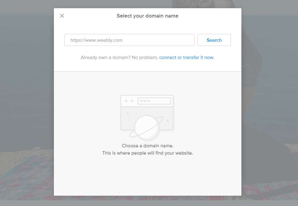 Weebly のドメイン選択ツール。自分のドメインを接続したり、新しいドメインを購入したりできます。