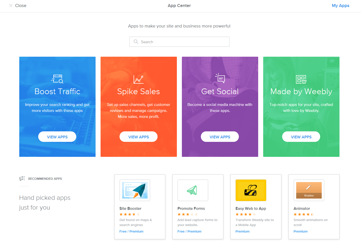 Weebly で利用可能なさまざまなアプリをナビゲートします。