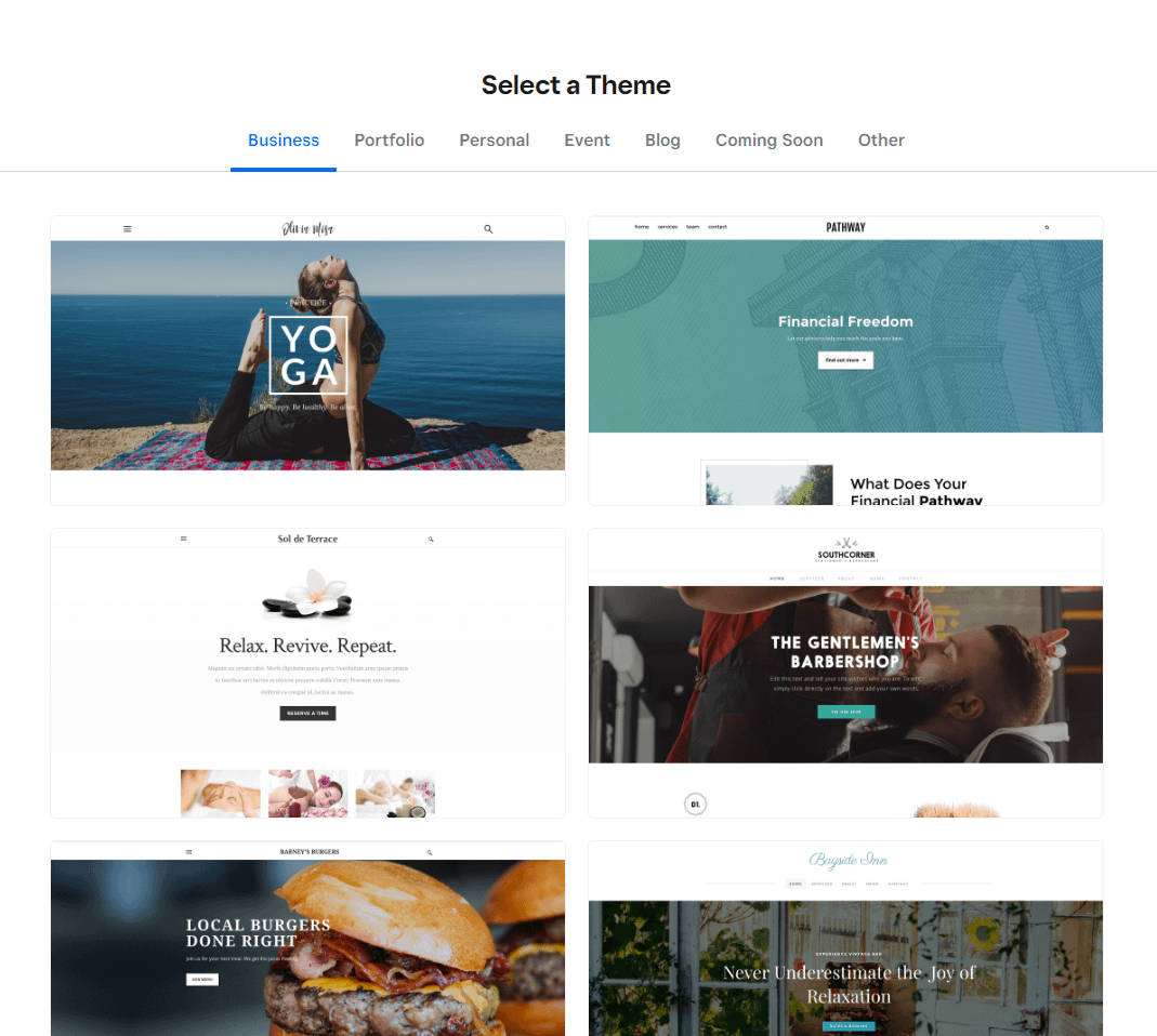 Weebly チュートリアルの 2 番目のステップでは、Weebly の無料テンプレート (この場合は個人 Web サイト用) から選択します。