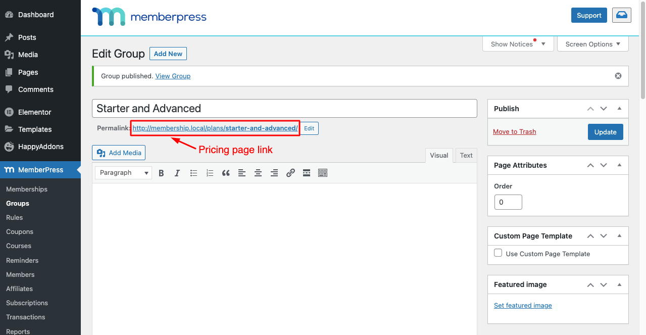 Cara Membuat Situs Keanggotaan dengan Elementor dan HappyAddons 28 Pricing Page Link created by MemberPress Plugin