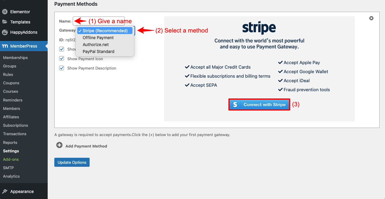 Cara Membuat Situs Keanggotaan dengan Elementor dan HappyAddons 3 Add Stripe to MemberPress