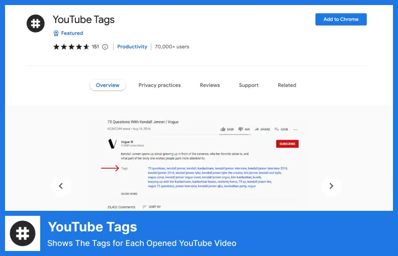 Tagi YouTube - pokazuje tagi dla każdego otwartego filmu YouTube