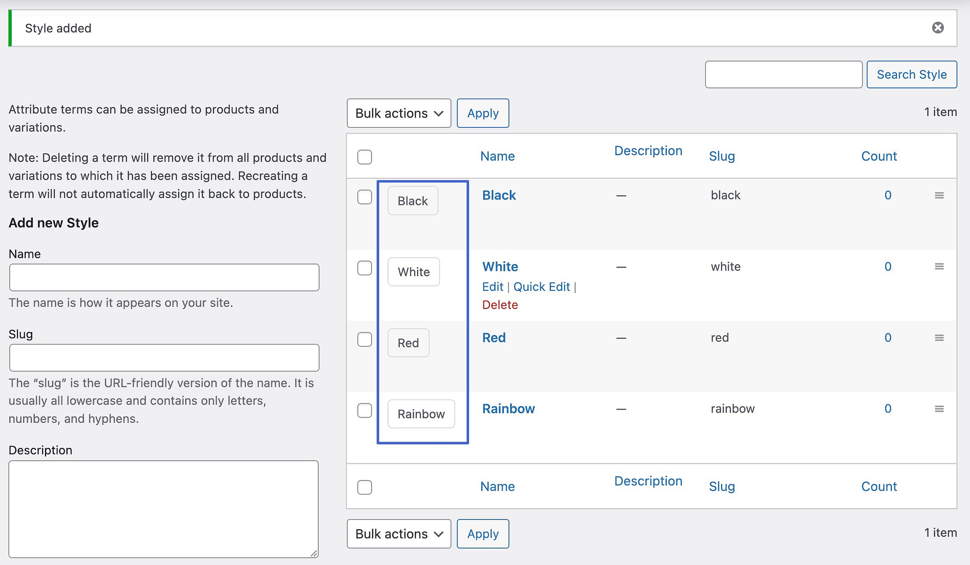 查看 WooCommerce 标签变体样本的所有条款