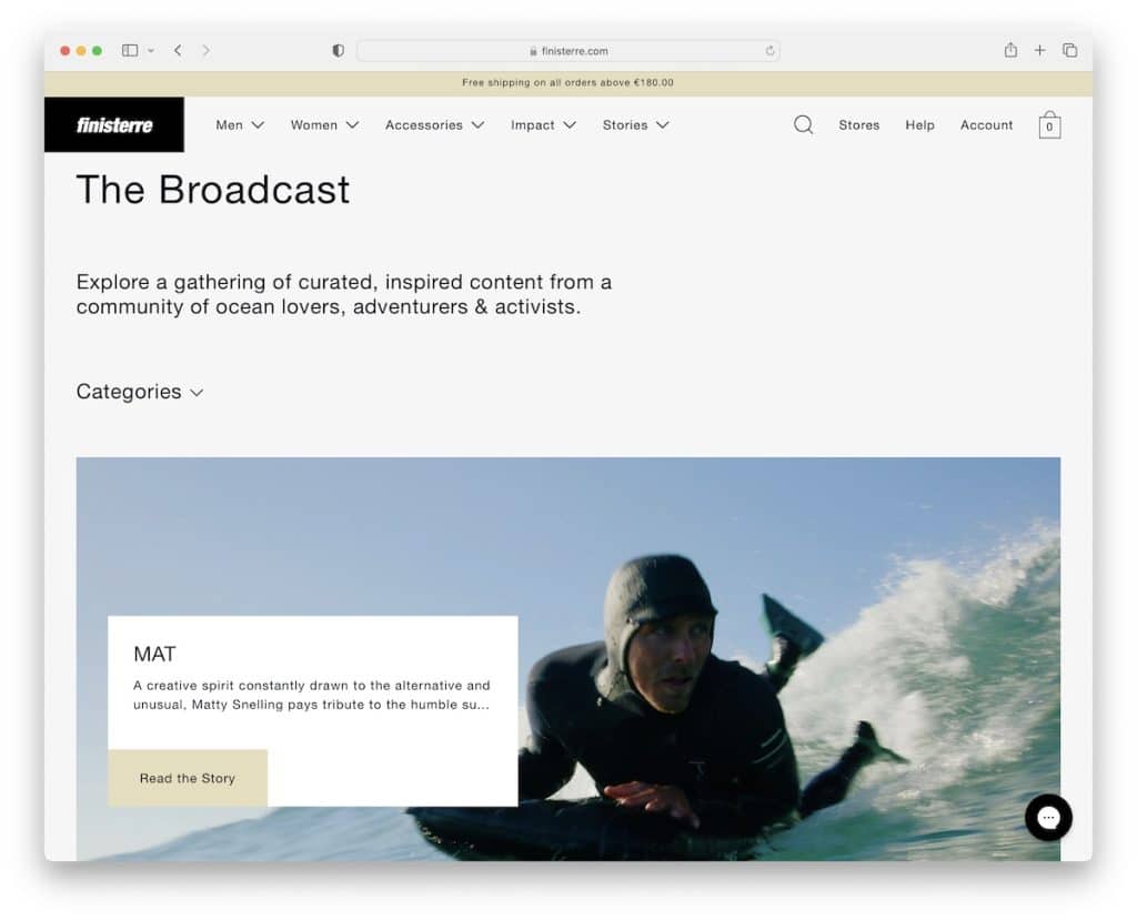 esempio di blog shopify di finisterre