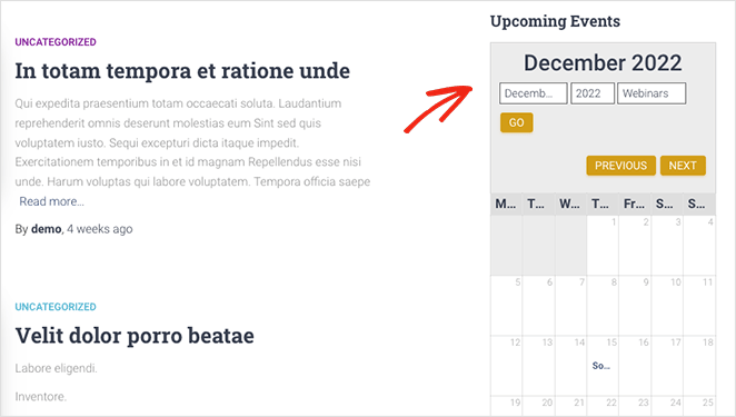 calendarsidebar SeedProd WordPress calendar in sidebar example